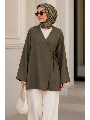 İmaj Butik Haki Kruvaze Yaka Yandan Bağlamalı Yazlık Kimono Tunik