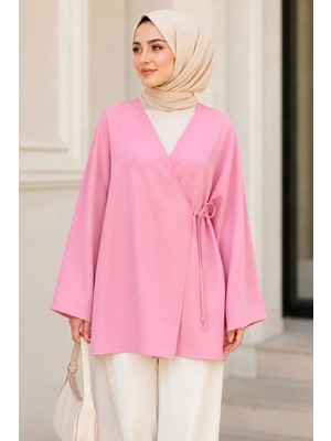 İmaj Butik Pembe Kruvaze Yaka Yandan Bağlamalı Yazlık Kimono Tunik