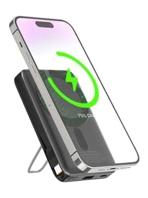 Ala Store Magnetic Powerbank 5000MAH Kablosuz Hızlı Şarj LED Gösterge Ekran Magsafe Uyumlu 22.5W Pd Qc Taşınabilir Şarj Cihazı Standlı Kendinden Kablolu Type-C USB Power Bank Güç Kaynağı Fast Zümrüt Yeşil