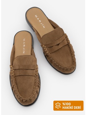 Marjin Kadın Hakiki Deri Önü Kapalı Dikişli Büzgülü Makosen Loafer Günlük Terlik Calista Camel Süet
