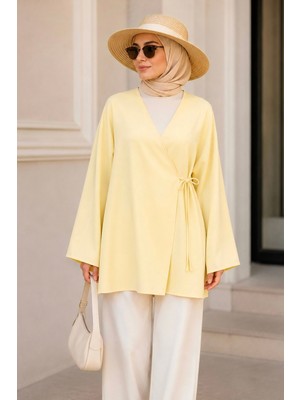 İmaj Butik Sarı Kruvaze Yaka Yandan Bağlamalı Yazlık Kimono Tunik