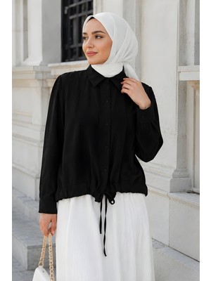 İmaj Butik Siyah Omuz Büzgülü Modal Dokuma Gömlek
