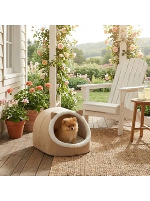 Ala Store Keçe Kedi Köpek Evi Peluşlu | Ev Tipi Evcil Hayvan Yuvası, ve Konforlu Kedi Evi, Köpek Yatağı ve Dinlenme Alanı (Krem)