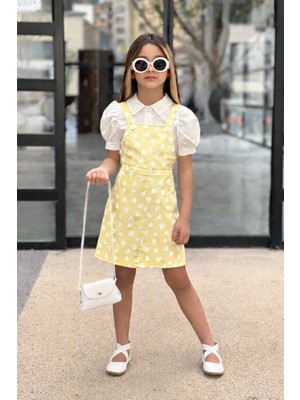 Lina Baby Bloomm Kız Çocuk Mint Sarı Kalp Desenli Salopet Şık Takım Çantalı Elbise Takımı