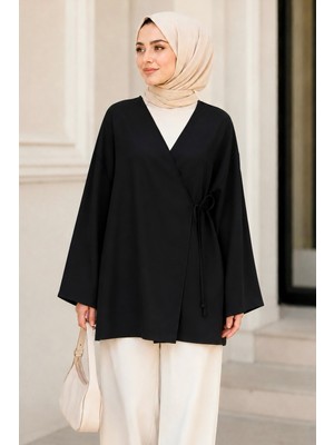 İmaj Butik Siyah Kruvaze Yaka Yandan Bağlamalı Yazlık Kimono Tunik