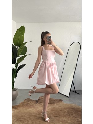 Asfa Moda Kadın Pembe Kare Yaka Korse Formlu Balon Etek Mini Elbise Şık Davet Mezuniyet Elbisesi