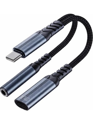 Ala Store 2-In-1 Type-C Adaptör, 100W Güç Çıkışı, Alüminyum + Nylon Kablo, Müzik Dinleme, Arama Yapma, Type-C Arayüzlü Telefon ve Laptop Adaptörü | ZR1212