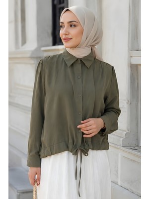 İmaj Butik Haki Omuz Büzgülü Modal Dokuma Gömlek