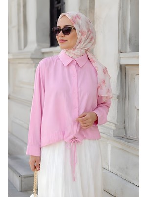 İmaj Butik Pembe Omuz Büzgülü Modal Dokuma Gömlek