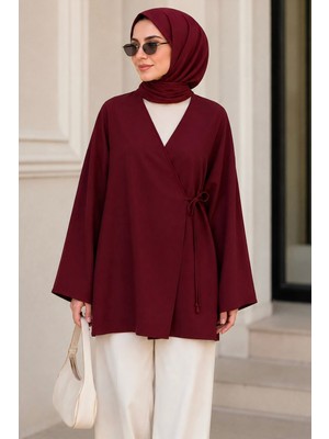İmaj Butik Bordo Kruvaze Yaka Yandan Bağlamalı Yazlık Kimono Tunik