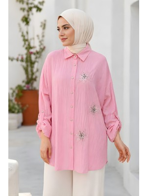 İmaj Butik Pembe Pul Nakışlı Kol Katlamalı Gömlek