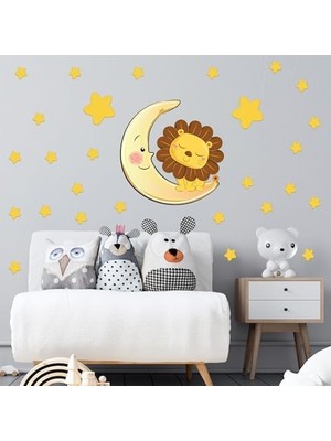 Ala Store Ay Üzerinde Uyuyan Sevimli Aslan ve Sarı Yıldızlar Duvar Seti - Bebek ve Çocuk Odası Dekoratif Duvar Çıkartması