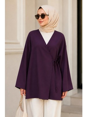 İmaj Butik Mürdüm Kruvaze Yaka Yandan Bağlamalı Yazlık Kimono Tunik