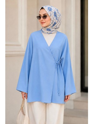 İmaj Butik Mavi Kruvaze Yaka Yandan Bağlamalı Yazlık Kimono Tunik