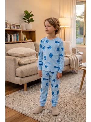 Zuzunga Deniz Temalı Mavi Renk %100 Pamuk Erkek Çocuk Pijama Takımı