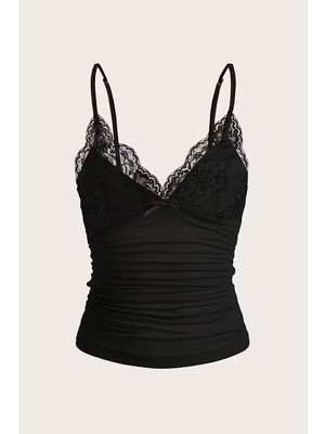 Moonstyle Collection Siyah Dantel Detaylı Fiyonklu Y2K Askılı Crop