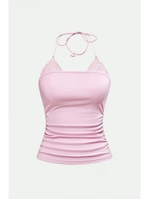 Moonstyle Collection Pembe Dantel Ekli Bağlamalı Y2K Askılı Crop