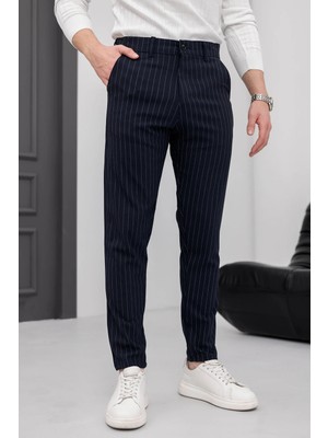 Modamesto Erkek Lacivert Slim Fit Çizgili Likralı Yan Cep Bilek Boy Kumaş Pantolon