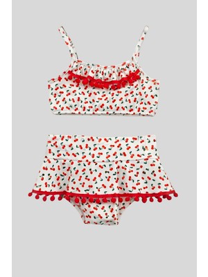 Bunny Hopp Kız Çocuk Kiraz Desenli Ponponlu Etekli Bikini Takımı