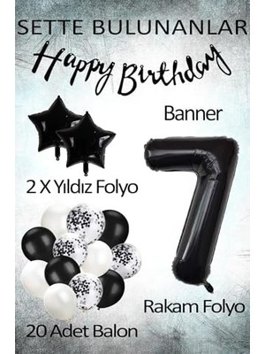 Ala Store Siyah Konsept 7 Yaş Doğum Günü Kutlama Seti; Beyaz Siyah Konfetili Balon, Rakam Yıldız Folyo ve Banner