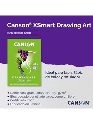 Ala Store Canson Xsmart Çizim Kağıdı, Beyaz, Çift Taraflı: Dokulu ve Yumuşak, 150 G/m², Uzun Taraflı Yapışkan Blok, A4 – 21 x 29,7 Cm, Beyaz, 40 Yaprak
