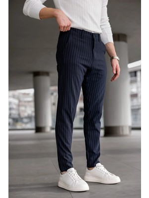 Modamesto Erkek Lacivert Slim Fit Çizgili Likralı Yan Cep Bilek Boy Kumaş Pantolon