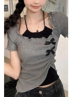 Moonstyle Collection Antrasit Fırfırlı Fiyonk Detaylı Siyah Ek Askılı Asimetrik Y2K Kısa Kollu Crop