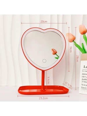 Ala Store Kalp Şeklinde LED Işıklı Şarjlı Makyaj Aynası - 3 Farklı Işık Rengi - Dokunmatik Ekran - Şarjlı ve Kontrast Ayarlı - Büyük Boy Kırmızı