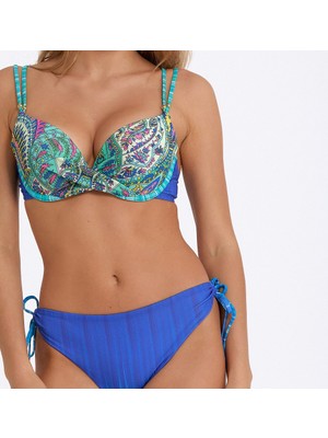 Argento Kadın Mavi Desenli Bağcıklı Slip Altlı, Double Push Up Kaplı Telli Bikini Takımı