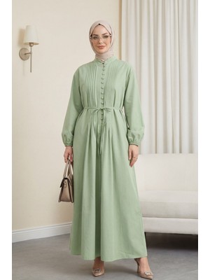 Moda Morfo Önü Nervürlü Yarım Düğmeli Poplin Elbise -A.Yeşil