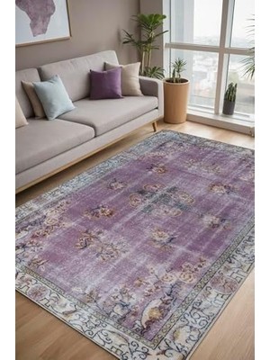 Ala Store Lavans Desenli Şönil Pamuk Tabanlı Yıkanabilir Kaymaz Antibakteriyel Salon Halısı 160X230