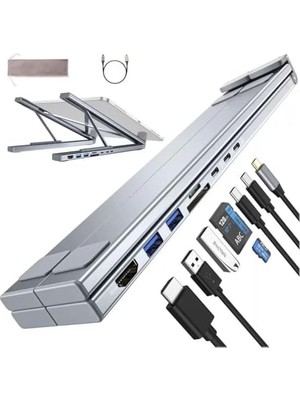 Ala Store 8in1 Usb-C Laptop Taşınabilir Folding Notebook Stand, Entegre Çoklu Port Hub, HDMI 4k, USB 3.0, Pd 100W Şarj Destekli Ayarlanabilir 11 Inç 17 Inç Dizüstü Bilgisayar Stant 480GR | LS81