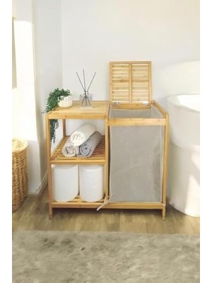 Ala Store Bambu 3 Raflı Kumaş Sepetli Banyo Düzenleyici Kirli Çamaşır Sepeti DB-0046