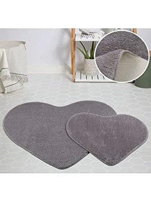 Ala Store My Evilla Modern Dekoratif Halı Jel Kaymaz Taban Peluş Kalp Model Gri Paspas Takımı 70X100-70X60