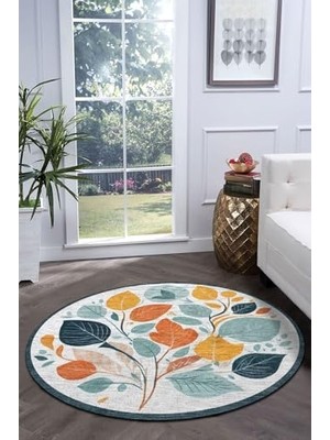 Ala Store Dizayn Leaf Modern Desenli Şönil Pamuk Tabanlı Yıkanabilir Kaymaz Antibakteriyel Yuvarlak Salon Halısı 100X100
