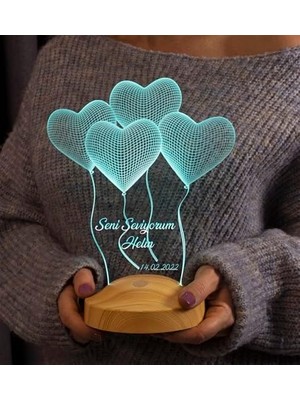 Ala Store Sevgiliye Özel Kalpli 3D LED Lamba - Uçan Kalpler Tasarımıyla Romantik ve Anlamlı Hediye 3 Boyutlu 3D LED Lamba, Masa ve Gece Lambası