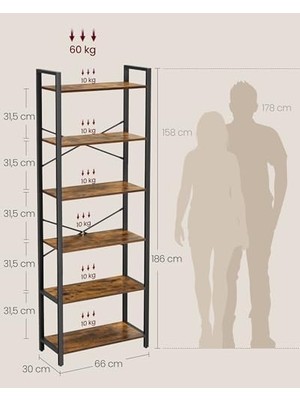 Ala Store Kitaplık, 6 Katlı Raf, Çelik Çerçeveli Yüksek Rustik Raf, Oturma Odası, Ofis, Çalışma Odası, Koridor, Endüstriyel Tarz, 66 x 30 x 186 Cm, Rustik Kahverengi ve Siyah LLS062B01