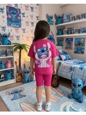 Cg Kids Stitch Kız Çocuk Tshirt Fitilli Tayt Şortlu Alt Üst Takım Sırt Baskı Detaylı
