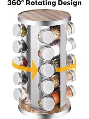 Ala Store 20’li Ahşap Yuvarlak Döner Baharatlık Seti – Paslanmaz Çelik Gövdeli, Cam Baharat Kavanozlu, 360° Dönen Stand, Modern Mutfak Düzenleyici