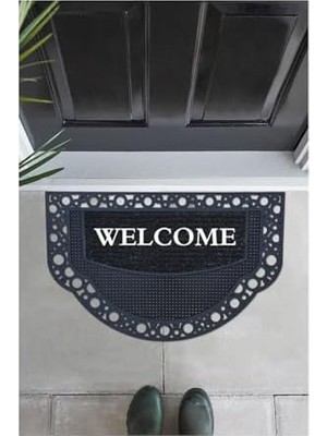Ala Store M&h (239) Yarım Ay Modeli Welcome Yazlı Kapı Önü Paspası Dekoratif Dış Kapı Yıkanabilir Toz Alıcı Halı Siyah 45 x 70