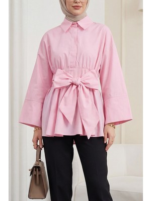 Moda Morfo Beli Korsajlı Gizli Patlı Kuşaklı Poplin Tunik -Pembe