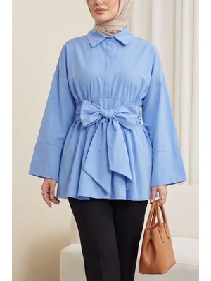 Moda Morfo Beli Korsajlı Gizli Patlı Kuşaklı Poplin Tunik -Mavi