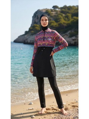 Trendlina Alya Önü Kapaklı Beli Ayarlanabilir Lastikli Likralı 3lü Tesettür Mayo Beachwear Burkini