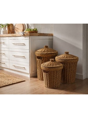 Reoona 3'lü  Kapaklı Rattan Konik Çok Amaçlı Patates- Soğan Sepeti