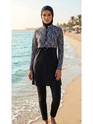 Trendlina Zebra Önü Kapaklı Beli Ayarlanabilir Lastikli Likralı 3lü Tesettür Mayo Takım Beachwear Burkini