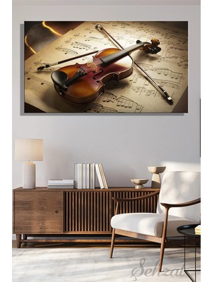 Şehzat Panoramik Tekli Kanvas Duvar Tablosu Modern Salon Yatak Odası Ofis Müzik Sanat Keman Nota Iş