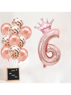 Esranın Dünyası 6 Rakam Rose Gold Folyo Balon, Kral Tacı ve Konfetili Rose Gold Balon