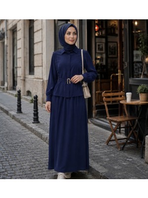 Budan Export Kadın  Gold Toka Kemer Detaylı Peplum Bluz Kloş Etekli Gömlek Yaka Uzun Kol Tesettür Ikili Takım