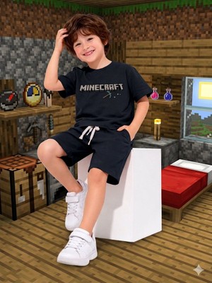 Cg Kids Minecraft Kabartma Yazı Detaylı Erkek Çocuk Tshirt & Şort Alt Üst Takım Süper Kalite Kumaş
