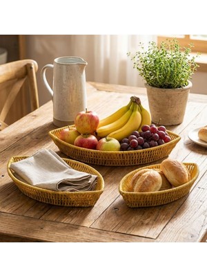 Ozcmax 3’lü Kayık Formlu Plastik Rattan Sepet Seti–hasır Görünümlü Ekmek, Meyve ve Sunum Sepetleri, Çok Amaçlı Masaüstü Organizzer